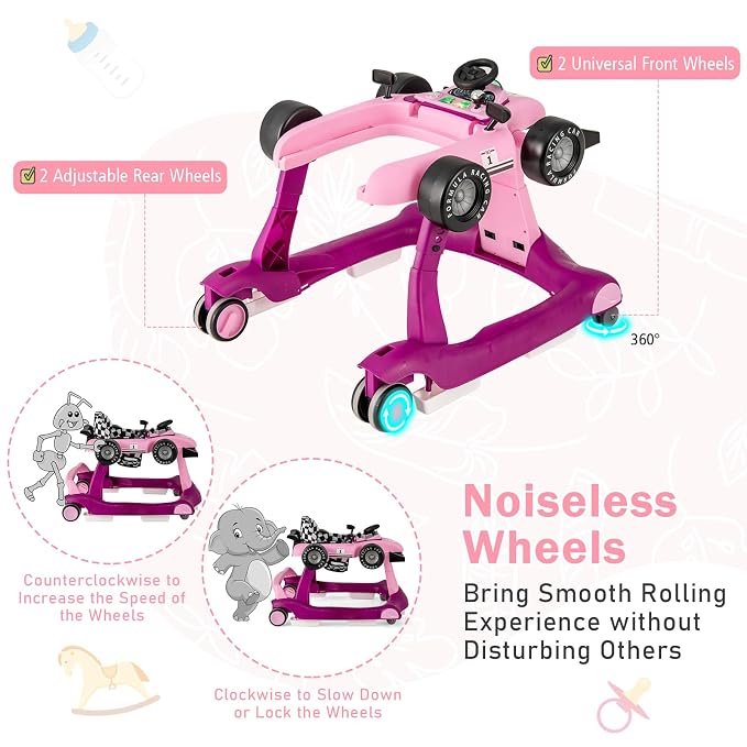 BABY JOY 4-in-1 Baby Walker, Foldable Activity Walker with Adjustable Height & Speed, Music, Lights, Anti-Rollover, Toddler Push Walker, Baby Walker with Wheels for Boys Girls 6-18 Months (Purple)