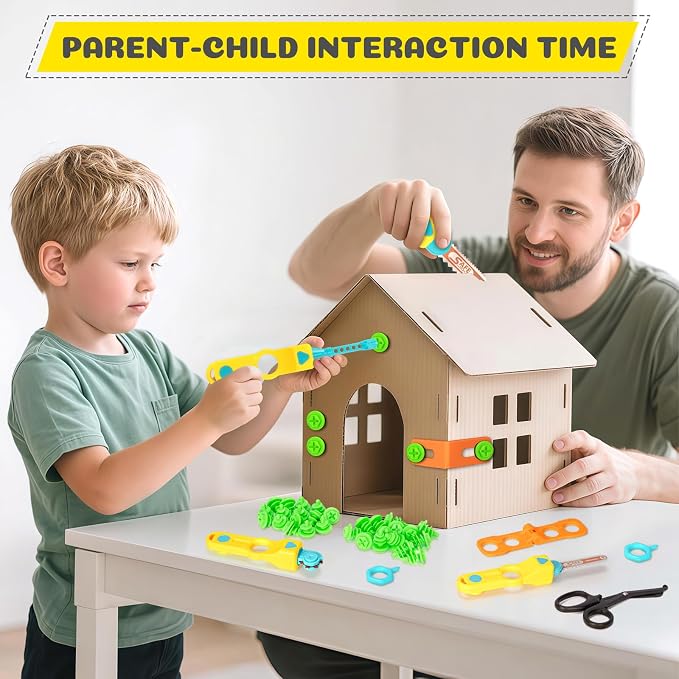 Cardboard Tools for Kids, 129 PCS Cardboard Construction Kit, Kids Building Set with Safe Serrated Cutter, Crease Roller, Screws & Nuts, Creative STEM Educational Toys Gift for Boys and Girls Age 5+