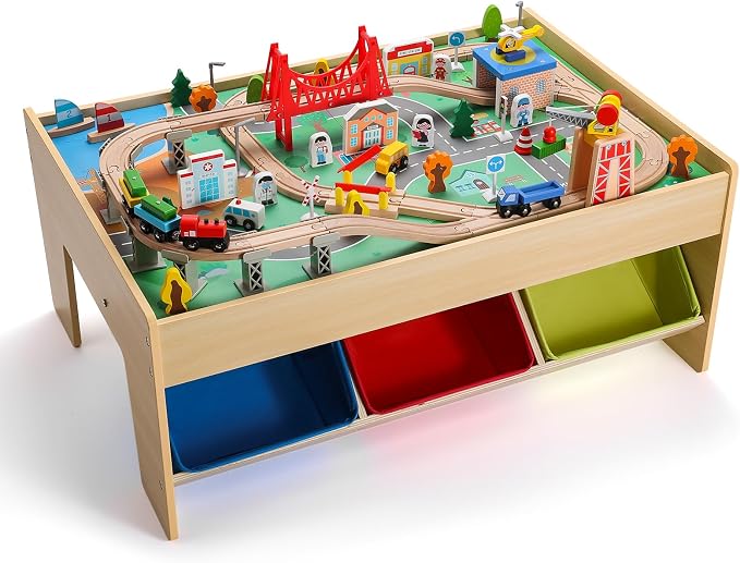 SainSmart Jr. Wooden Train Table – Kids Play Table with Built‑in Storage & Wooden Train Set | Toddler Activity Table Set for Ages 3+, Compatible with Major Wooden Train Brands