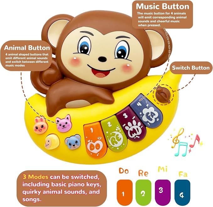 Baby Musical Toys Piano for 2 Year Old Girls Boys Light Up Music Learning Toys for Toddlers 3 Easter Gifts Infant 18 Month (Monkey)