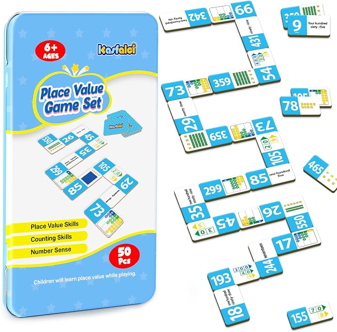 Kasfalci Place Value Dominoes Set Flash Cards, 50 PCS Math Learning Games for Kids, Montessori Counting Toys, Math Skills, Math Manipulatives, Preschool Kindergarten Classroom Must Haves,1-3 Grade