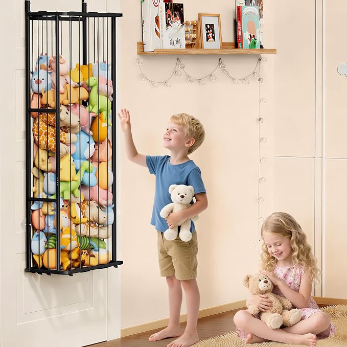 SWTYMIKI Hanging Stuffed Animal Storage - Over Door Large Plush Toy Organizer, Wall Mounted or Corner Stuffie Storage for Nursery, Doll & Bear Plush Organizer for Kid Room Bedroom (Black, 3-Tier)