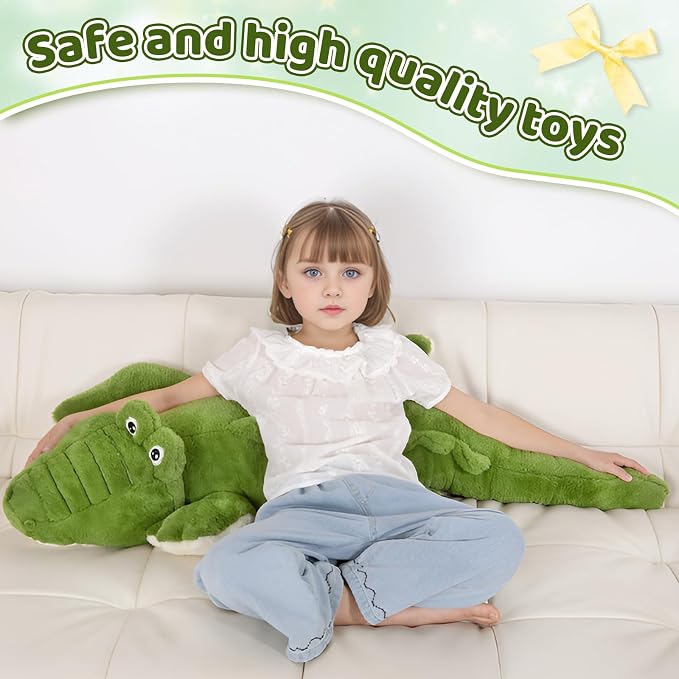 FFxiong 48 inch Green Large Alligator Stuffed Animal Long Body Pillow 4 ft Cute Giant Crocodile Plush Toy Gift for Kids Girl Boy Birthday Valentines
