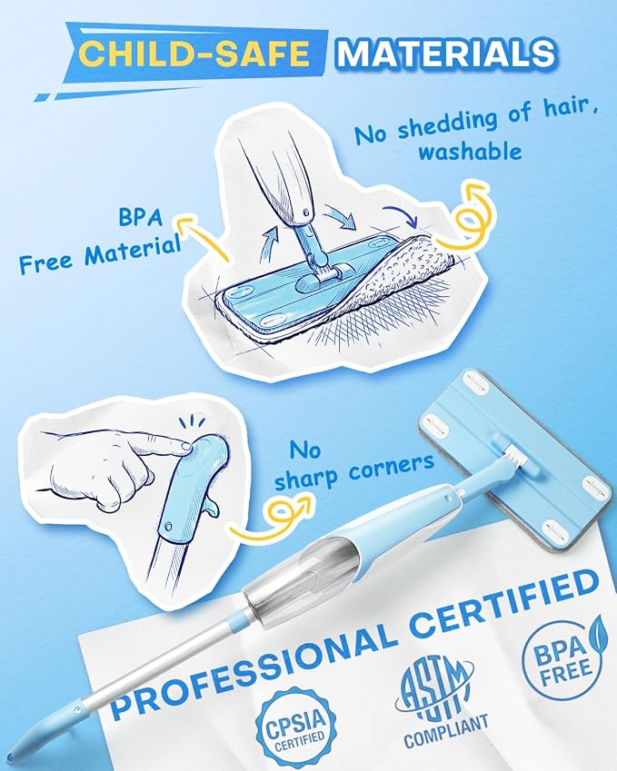 Kids Spray Mop, Blue Toddler Cleaning Set with Refillable Water Spray Tank, Lightweight Pretend Play Mop Toy for Boys Girls, Montessori Housekeeping Toy Gift