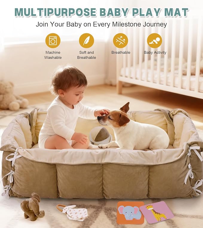 5-in-1 Baby Play Gym and Tummy Time Mat, 12 Learning Cards, Plush Activity Mat with 6 Toys, Baby Gym, Convertible to Ball Pit, Baby Gift, Brown