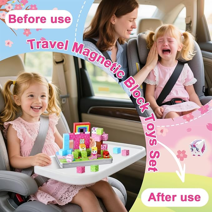 QOUBAI 45PCS Mini Magnetic Blocks Travel Toys, Magnet Building Cubes Tiles Set with Portable Iron Case, Learning Activities Gifts for Kids Toddlers Boys & Girls Ages 3-8 (Unicorn Rainbow)