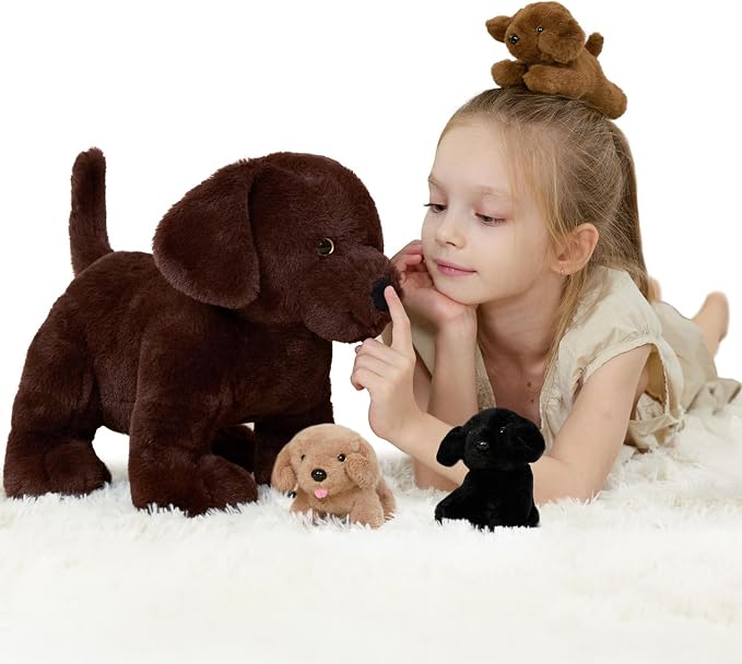 4Pcs Lab Plush Toy, 15.7" Chocolate Mom Labrador Stuffed Animal with 3 Cute Stuffed Baby Dogs in Mother's Belly, Soft Lab Puppy Plushies for Kids Dog Lovers,Christmas Birthday Gift