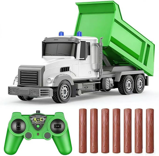 Remote Control Construction Dump Truck Toy RC Vehicle,6 Channel Truck Toys with 6 pcs Wood,2 Rechargeable Batteries,1/24 Scale Dump Trucks，Birthday Gifts Ideas for Boys Age 3-8 Year Old