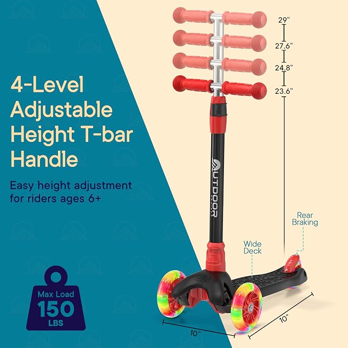 Outdoor Cruiser 3-Wheel Kids Scooter – with Lean-to-Steer Technology, Led Lighted Wheel, 4-Level Adjustable Height T-bar Handle, Support Kids Up to 150 Lbs, for Boys & Girls Ages 3-8, Black and Red