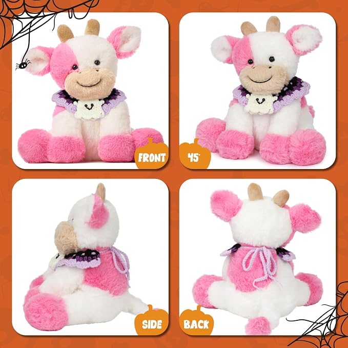 Hopearl Adorable Halloween Plush Cow Toy with Knitted Cute Ghost Bib Floppy Kawaii Dairy Cattle Soft Stuffed Animal Gifts for Boys Girls Kids Toddlers, Pink, 9''