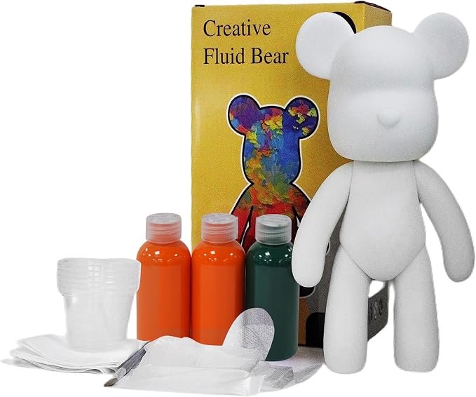 HANDA DIY Painting Fluid Bear Teddy Bear Painting Kit Set Creative Home Decorations Handmade Doll Figurine Toys Gift for Birthday Valentines (9.05 inch, Orange+Green)