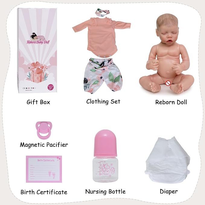 DAYOFFKIDS18Inch Sleeping Reborn Baby Doll, Realistic Newborn Baby Doll with Vinyl Body, Handmade Lifelike Washable Body Features, for Kids Ages 3+ (TwinAPink)