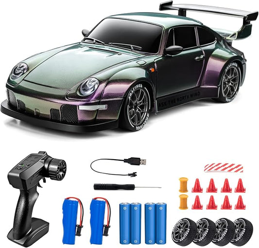 RC Drift Car, 1/24 Widebody Gradient Remote Control Drift Car for Adults Kids, 20KM/H 4WD Low/High Speed RC Cars with LED Lights, Extra Racing Tires, Vehicle for Beginners Indoors Outdoors