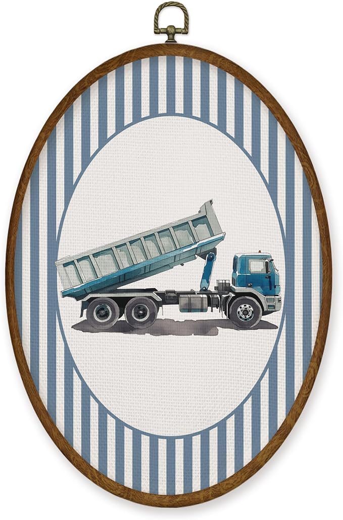 WULQYING Boy Nursery Dump Truck Wall Art Decor, Boys Room Oval Framed Canvas Art Prints, Blue Striped Construction Vehicle Wall Hanging Decor for Kids Boys Room Bedroom Playroom, 8.6x11.4 Inches