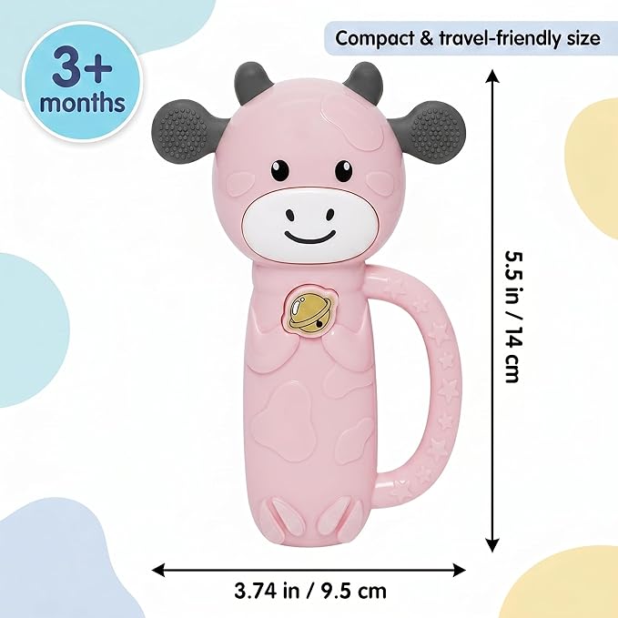 MooMoo Baby Musical Toy, 4‑in‑1 Light‑Up Sensory Toy & Teether for 3–24 Month Babies, BPA‑Free with Easy‑Grip Handle, Cute Cow‑Shaped Travel Toy for Car Seat & Stroller (Pink)