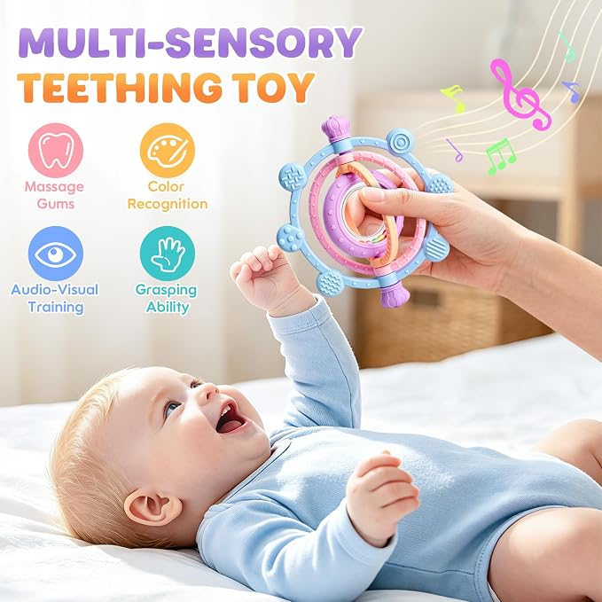 Baby Teething Ring Toys 3-6 6-12 Months, Silicone Sensory Rattle Teether Toys for Teething Relief, Baby Newborn Essentials Chew Toys for Sucking Needs, Infant Shower Gifts & Baby Toys