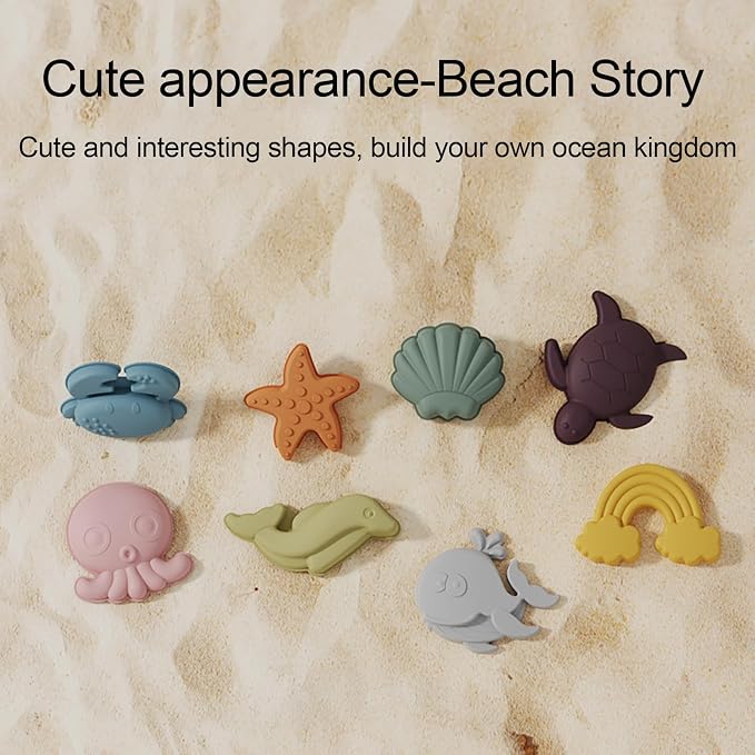 RoseFlower Silicone Sand Toys Set for Toddlers, Portable Travel Beach Sand Toys with Collapsible Bucket, Shovel, 8 Molds Dolphins, Starfish, Turtles & Mesh Storage Bag for Kids, Summer Gift-Beige