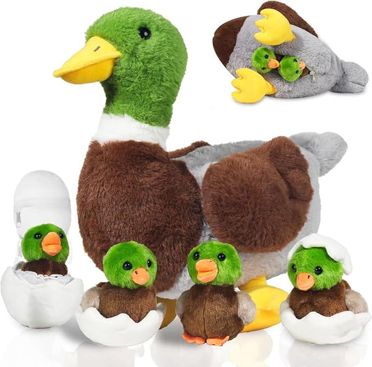 7 in 1 Mallard Duck Stuffed Animals Plush Toys, 12“ Zippered Mommy Stuffed Duck with 4 Baby Ducklings and Eggs Green Duck Plushies Pillow for Kids Birthday Christmas Farm Party Decor