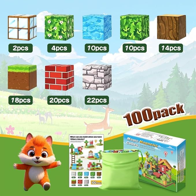 Forest Theme Magnetic Blocks 100pcs STEM Educational Building Cubes | Boys & Girls Age 3-5 6-8 9-11 12-14, Montessori Inspired, Magnet World Construction Set, Child Construction Toys