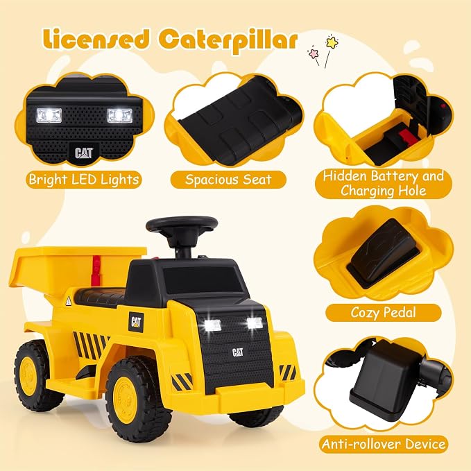 Costzon Ride on Dump Truck, 6V Licensed Caterpillar Ride on Construction Vehicle with Adjustable Dump Bed, Horn & LED Lights, Kids Gift Battery Powered Ride on Toy for Toddlers 18-36 Months