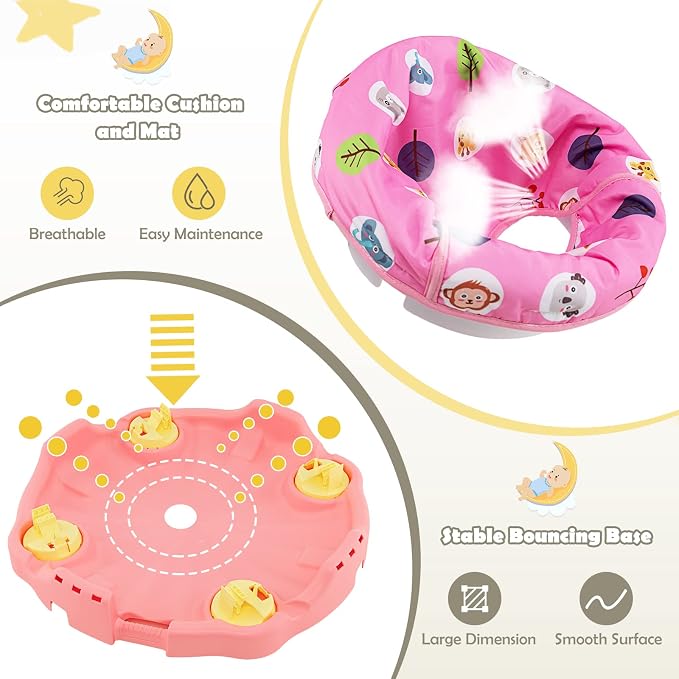 HONEY JOY Baby Bouncer Activity Center, 3-Stage Bouncing Activity Saucer & Playtime Mat & Activity Table, Toy-Bar, 3 Adjustable Heights, Foldable Activity Center for Infants & Toddlers(Pink)