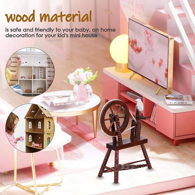 Toyvian Dollhouse Wooden Spinning Wheel, 1:12 Scale Vintage Miniature Hand Reeling Machine Furniture Tiny Toy House Accessory for Fairy Garden Kids Playhouse