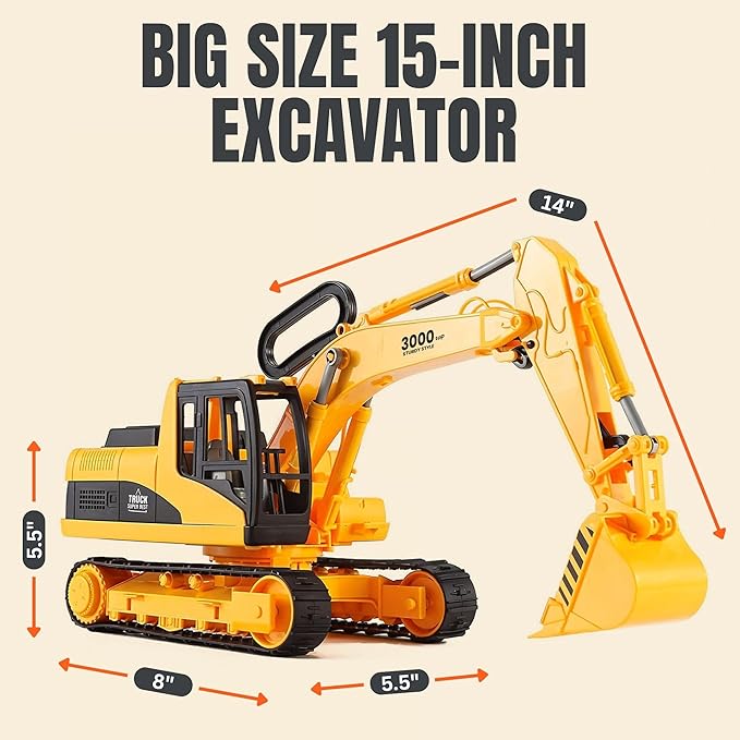 Liberty Imports 15" Oversized Construction Truck Toys for Kids – 1:22 Scale Friction Powered Vehicles with Realistic Moving Parts (Excavator)