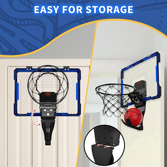 HYES Mini Basketball Hoop Indoor, Over The Door Basket Ball Hoop with 7 LED Lighting/Scoreboard/3 Modes/Foldable Rim, Wall Basketball Toy, Sport Decor Gifts for Kids Adult for Bedroom/Office (Blue)