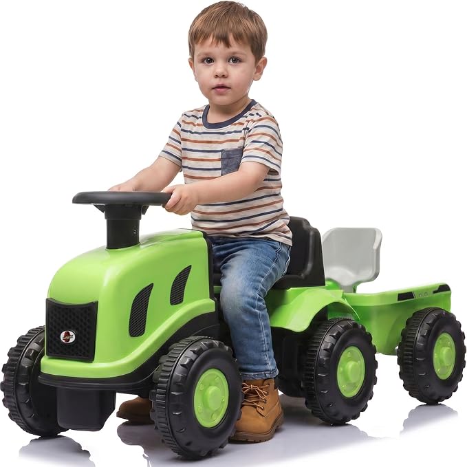 Kids Ride on Tractor, 2 in 1 Foot to Floor Push Car w/Detachable Trailer, Horn, Rake & Shovel, No Power Sliding Toy Gift for Toddlers, Outdoor Ride on Construction Vehicle (Green)