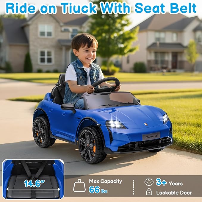Winado 12V Kids Ride on Car, Licensed Porsche Taycan Electric Car for Toddlers, Battery Powered Ride on Vehicle W/Remote Control, with Bluetooth, 3 Speeds, LED & Rear Lights, Music & Horn (Blue)