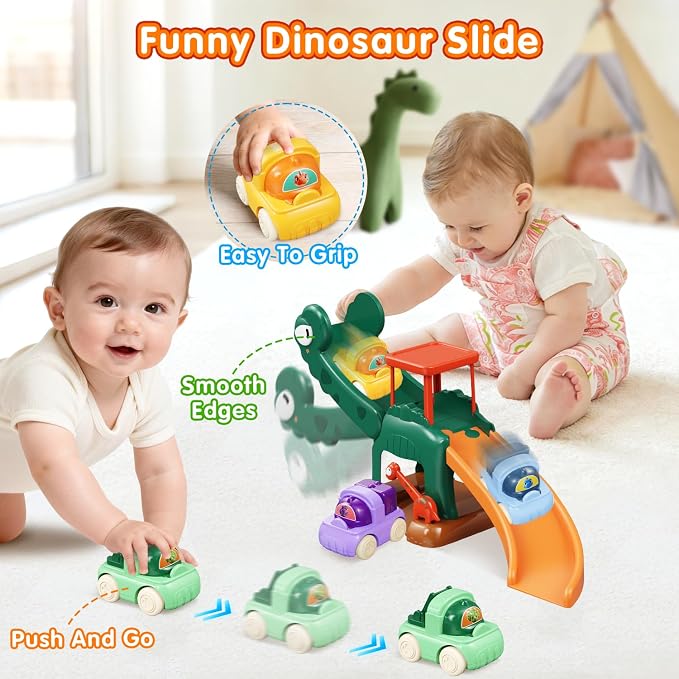 Dinosaur Car Ramp Slide Toy for Toddlers — 4 Push Cars with Race Track, Baby Slide Indoor Toy, Montessori Learning Birthday Gift for Boys Girls 1 2 3 Year Old (Green)