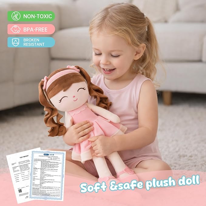 Soft Baby Doll Toys 16inch, Baby Rag Doll for One Year Old Girl Birthday Gift,Princess Style Plush Toys for Toddler Kids Infants (Pink)