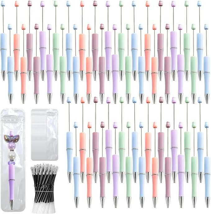 150 Pieces DIY Beadable Pen Kit – 50 Plastic Ballpoint Pens with Refills & Bags – School Supplies, Office Accessories & Decorative Items for Students & Teachers (Pastel)