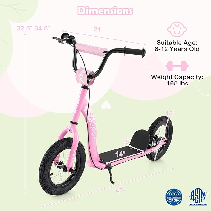 GYMAX Scooter, Kick Scooter for Adults, Teens, Kids with Adjustable Handlebar, 12” Inflatable Wheels, Front Caliper Brake & Non-Slip Deck, Heavy Duty Off-Road Scooter