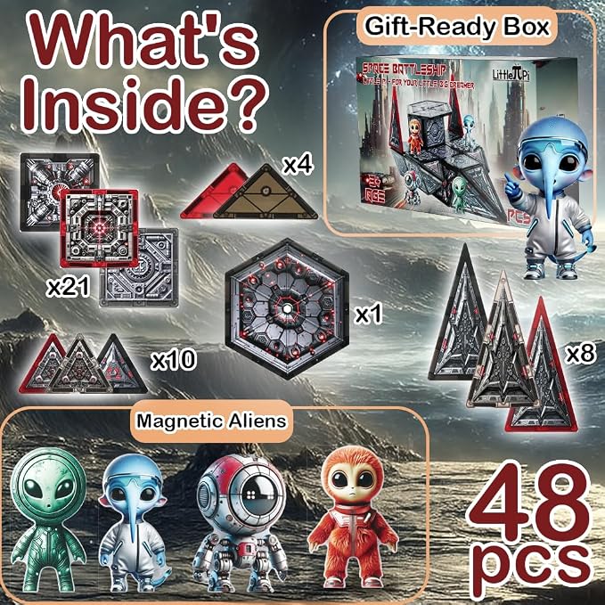 Little Pi Space Battleship Magnetic Tiles 48 PCS | Magnetic Blocks for Star Inspired Galactic Building | STEM Toys for Kids Age 3 4 5 6 7 8