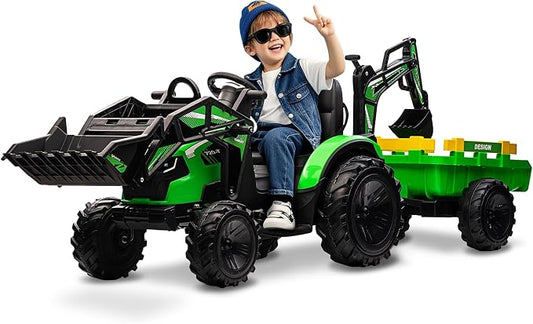 3 in 1 Ride on Tractor, 24V Ride on Toy for Big Kids, Excavator Bulldozer - Battery-Powered Electric Vehicle w/Trailer, Digger, Remote Control, LED Lights, Music, USB, Battery Powered, Green