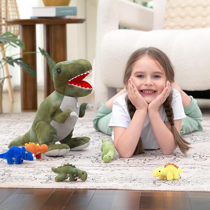 Muiteiur Dinosaur Stuffed Animals with Babies, Soft 19.6 Inch Plush T-Rex Zippered Belly Inside with 5 Cute Baby Dinosaurs, Set for Kids