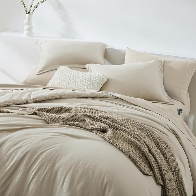 WRENSONGE Oversized Queen Comforter Set - 7 Pieces Light Oatmeal Bed in a Bag Queen with Sheets, 2 Pillow Shams, and 2 Pillowcases- Warm Bedding Sets Queen for All Season