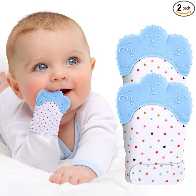 2Pack Silicone Teething Mitt, Soothing Infant Teething Mitten Pain Relief, Prevent Scratches Glove, Safe Silicone Teething Toys for 0-12 Months Blue