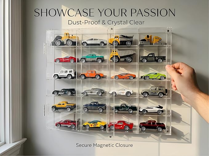 Acrylic Display Case for Hot Wheels, Toy Car Storage for 1/64 Scale Diecast Cars, Matchbox Garage, Collectible Model Cars, No Assembly Required, Magnetic Door Dustproof Showcase
