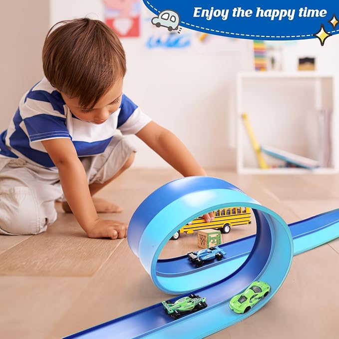 Flexible Race Car Track 15 Ft Starter Set with Suction Cups Compatible with Diecast 1/64th Car for Ages 3 & Up Classic Long Rolls Up Portable Racetrack