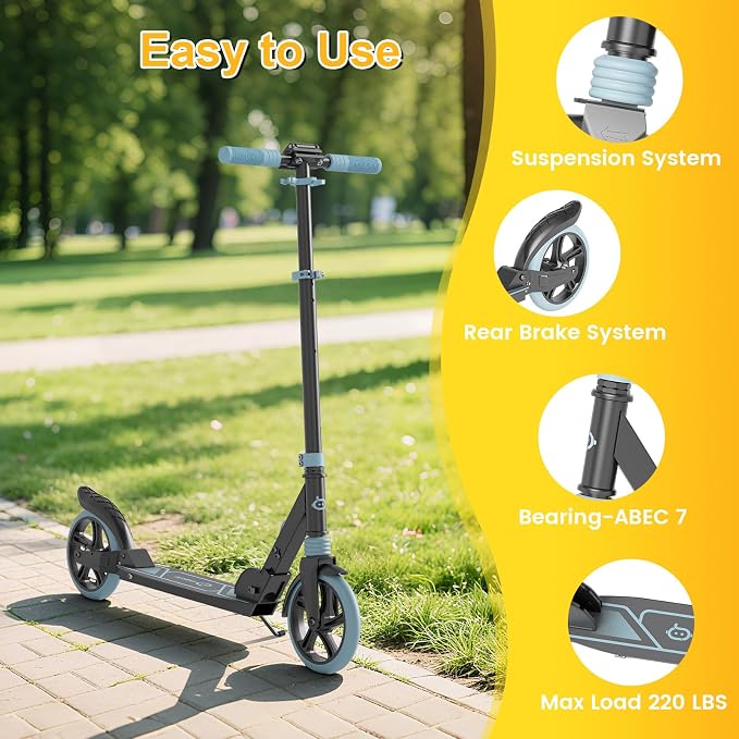 SIMATE Kick Scooter for Kids Teens & Adults, 4 Adjustable Heights, 8IN All Terrain Big Wheels, Foldable and Lightweight, Gifts for Girls Boys