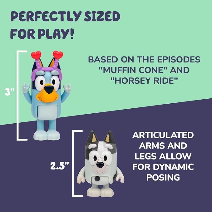 Bluey and Muffin 2-Pack Toy Figure Playset, Spring Time Toddler Figurine Toys Set with Dressup Accessories, Poseable Bluey Figurines for Kids Ages 3-5