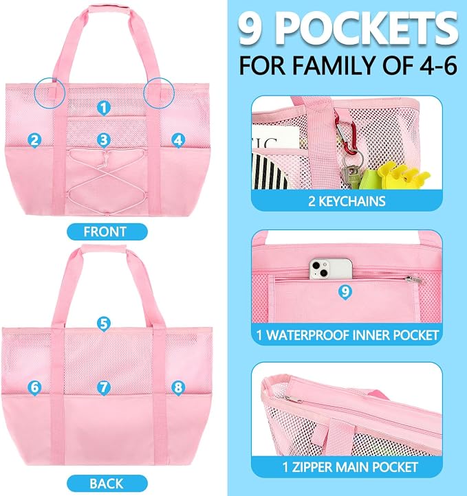 Fammart Mesh Beach Bag for Women, Large Beach Toy Pool Bag with Zipper Pocket, SandProof Cruise Essentials 2026 Family Travel