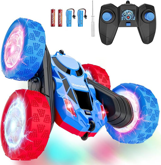 Hamdol Remote Control RC Car for Kids 6-12, High-Speed 4WD Stunt Car with LED Lights & 360° Rotation, 2.4GHz Off-Road Vehicle Toy with Rechargeable Battery, Cool Valentines and Birthday Gift for Boys