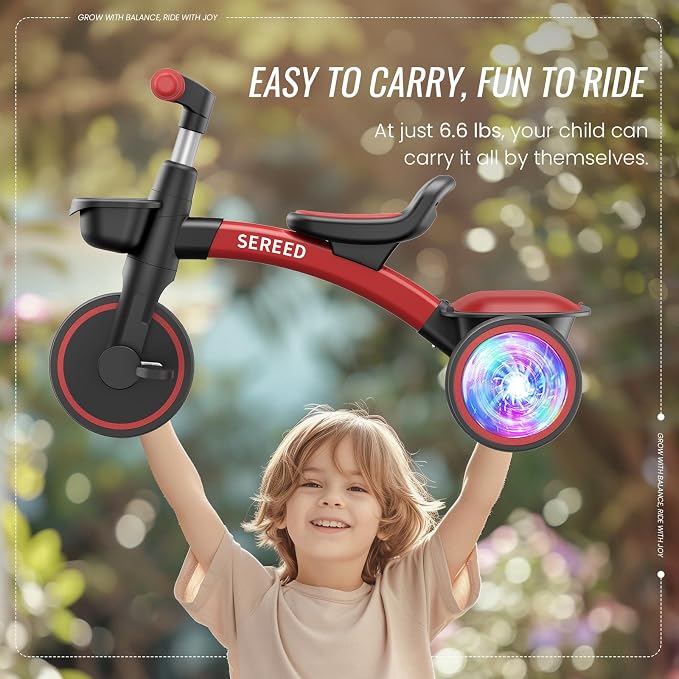 SEREED Colorful Lighting Toddler Tricycle for 2-5 Years Old Boys Girls, Adjustable Seat&Handlebar Trike, Removable Basket, Birthday Gift Idea for Kids Ages 2+ (Red Black)