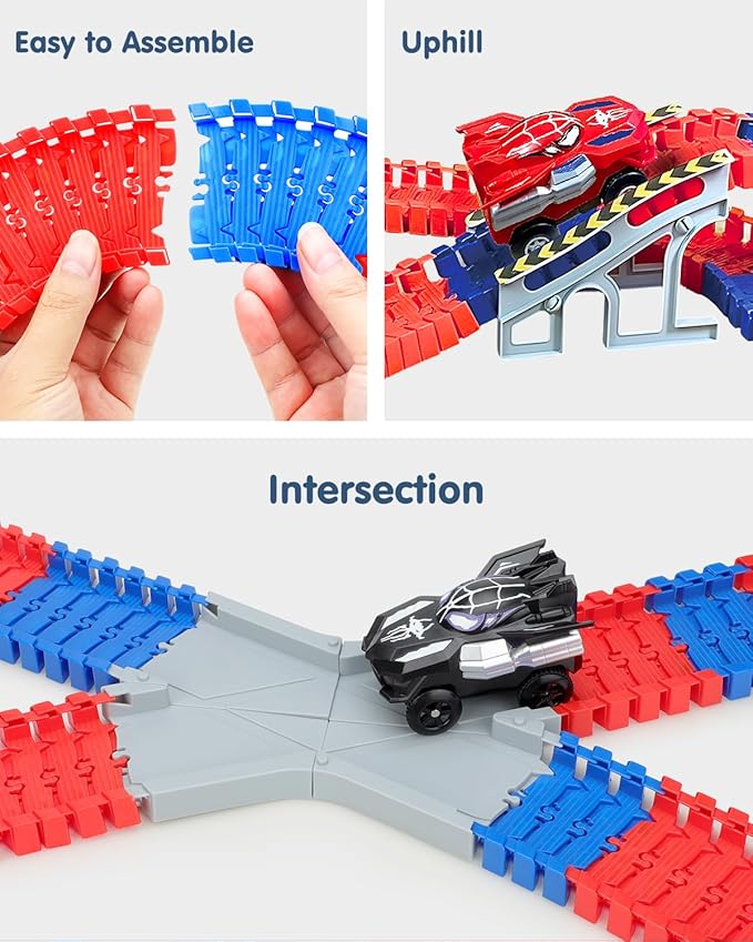Spider Hero Race Track Toy for Boys 4-6, 212PCS Flexible Car Track with 2 Spider Cars, STEM DIY Track Playset Gift for Kids Ages 3 4 5 6 7 8