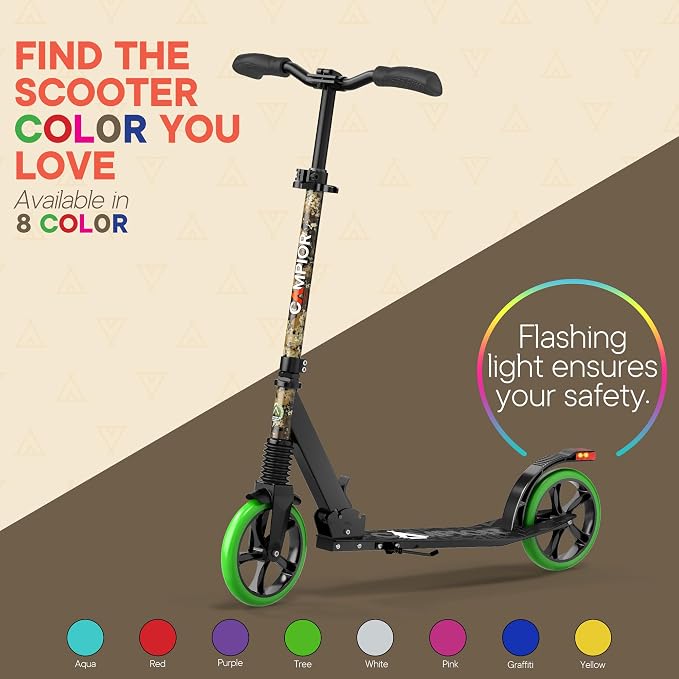 Campior Kick Scooter for Ages 6+, for Kids, Teens, and Adults, Max Load 240 LBS, Foldable, 8-inch Big Wheels for Kids and Adults, with Kickstand, 3 Adjustable Levels, Child Safety Approved, Graffiti