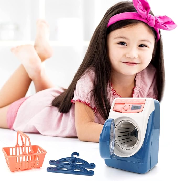 deAO Washing Machine Toy for Kids Dollhouse Furniture Pretend Play Household Appliance Realistic Sounds with Lights Laundry Play Set with Rotatable Roller for Children Birthday Present…
