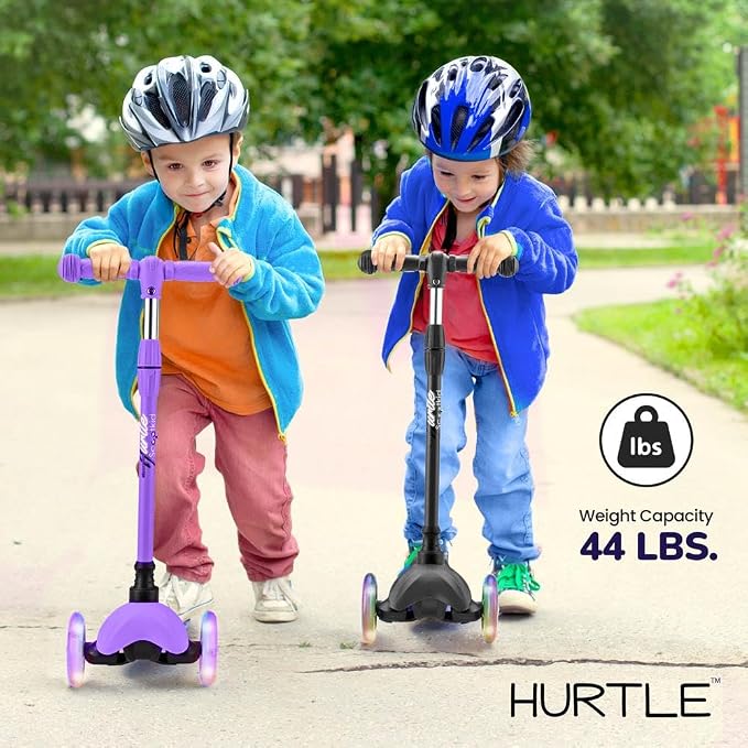 Hurtle Mini Kickboard 3 Wheel Scooter for Kids Ages 2-5 - Lean-to-Steer Toddler Scooter with Light-up LED Wheels, Adjustable Height & Rear Foot Brake for Boys. & Girls, Anti-Slip, Indoor/Outdoor